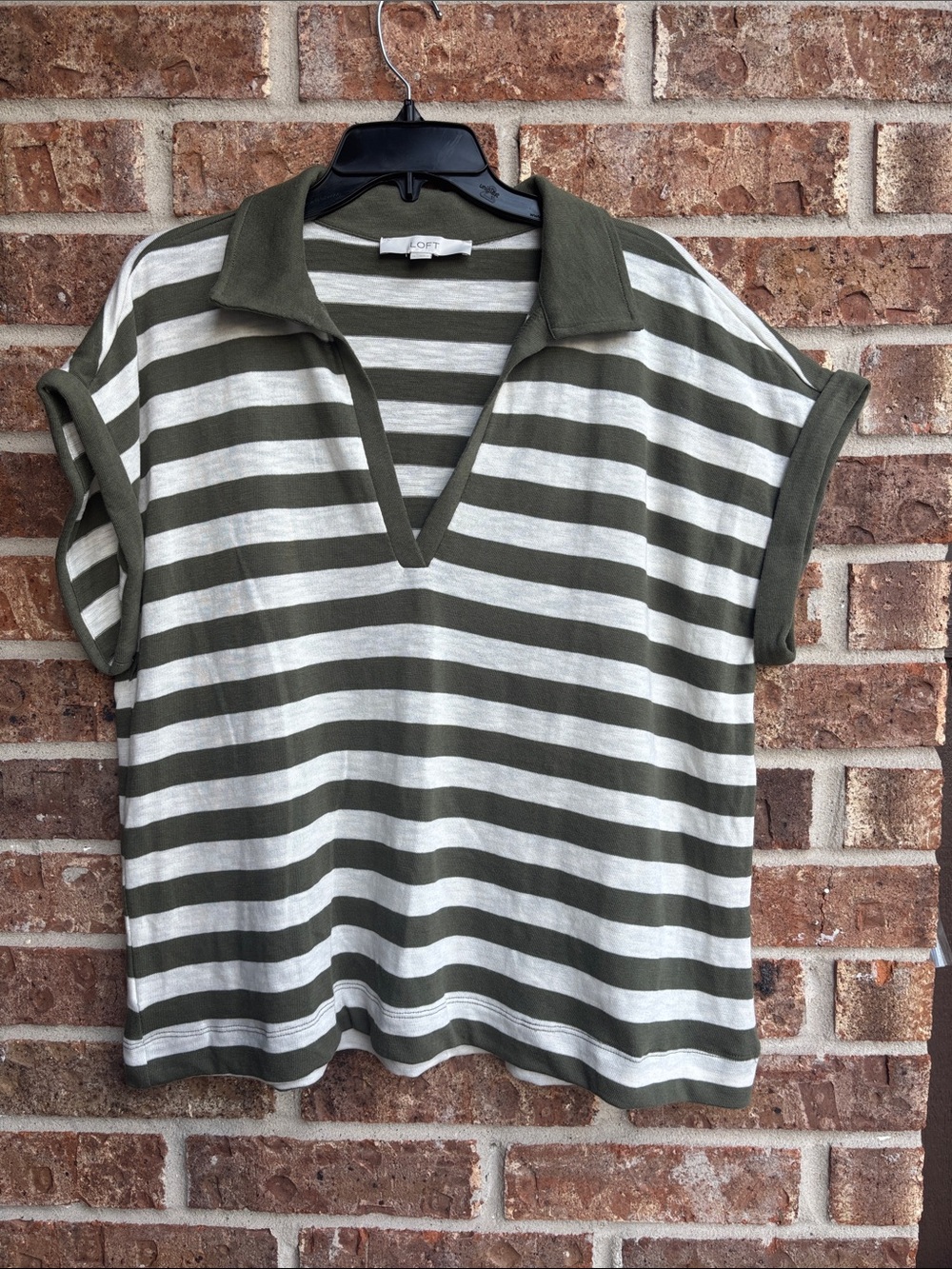 LOFT Olive & White Striped V‑Neck Polo Crop Top